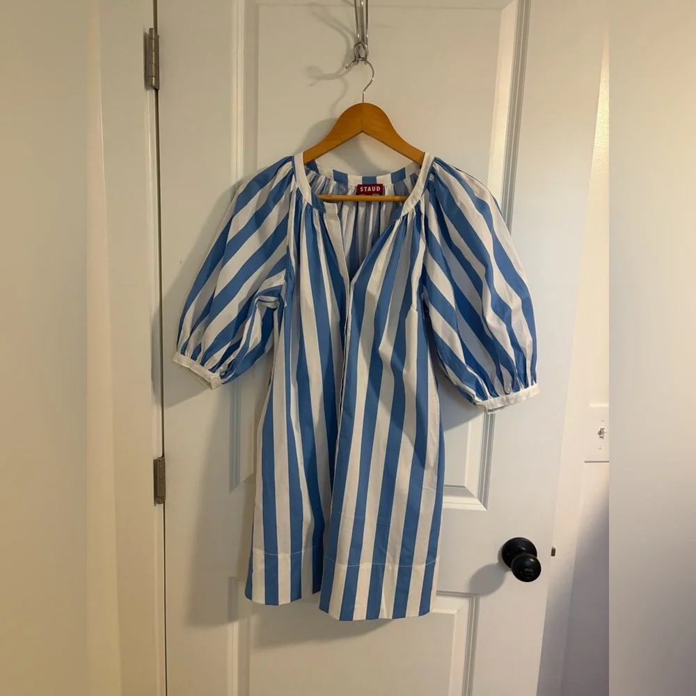 STAUD Mini Vincent Dress Blue Seashore Stripe Cotton Size XS - Picture 7 of 15